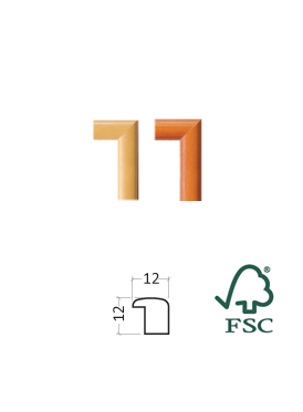 Technical diagram and color swatches for a 12mm wooden picture frame molding with FSC certification.