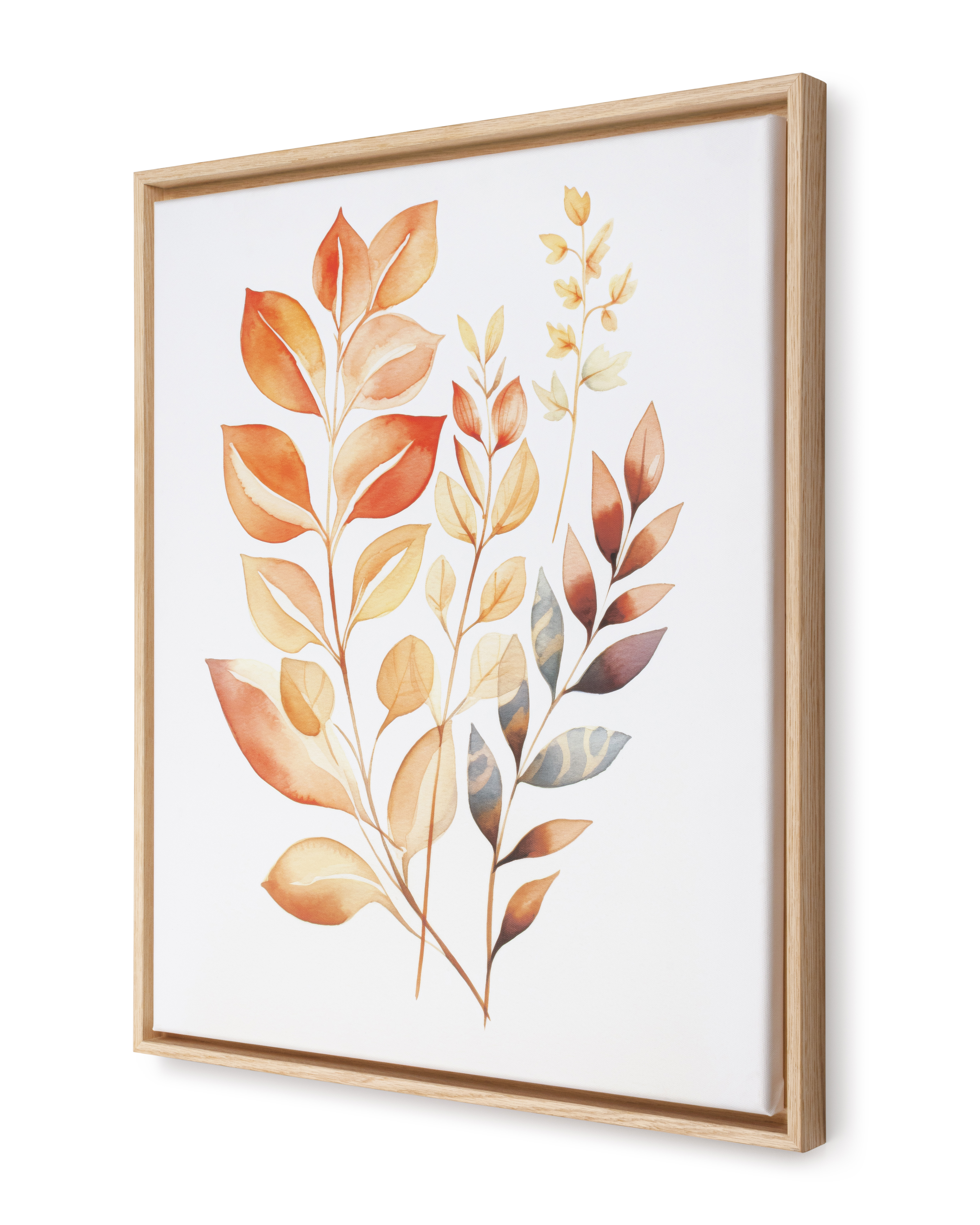 Watercolor botanical print of autumn leaves in a wooden floater frame