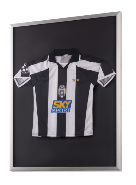 Framed Juventus Sky Sport soccer jersey in a silver display case