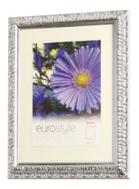 Ornate silver picture frame with cream mount containing a purple flower photo