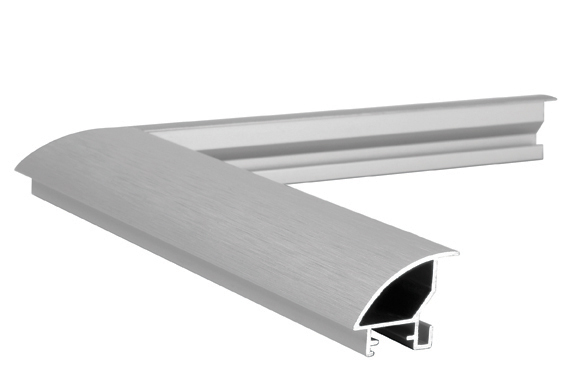 Aluminium Gallery picture frame profile 8880 in silver matt colour, with cross brushing, piece of profile. Picture frame producer Debex Suisse.