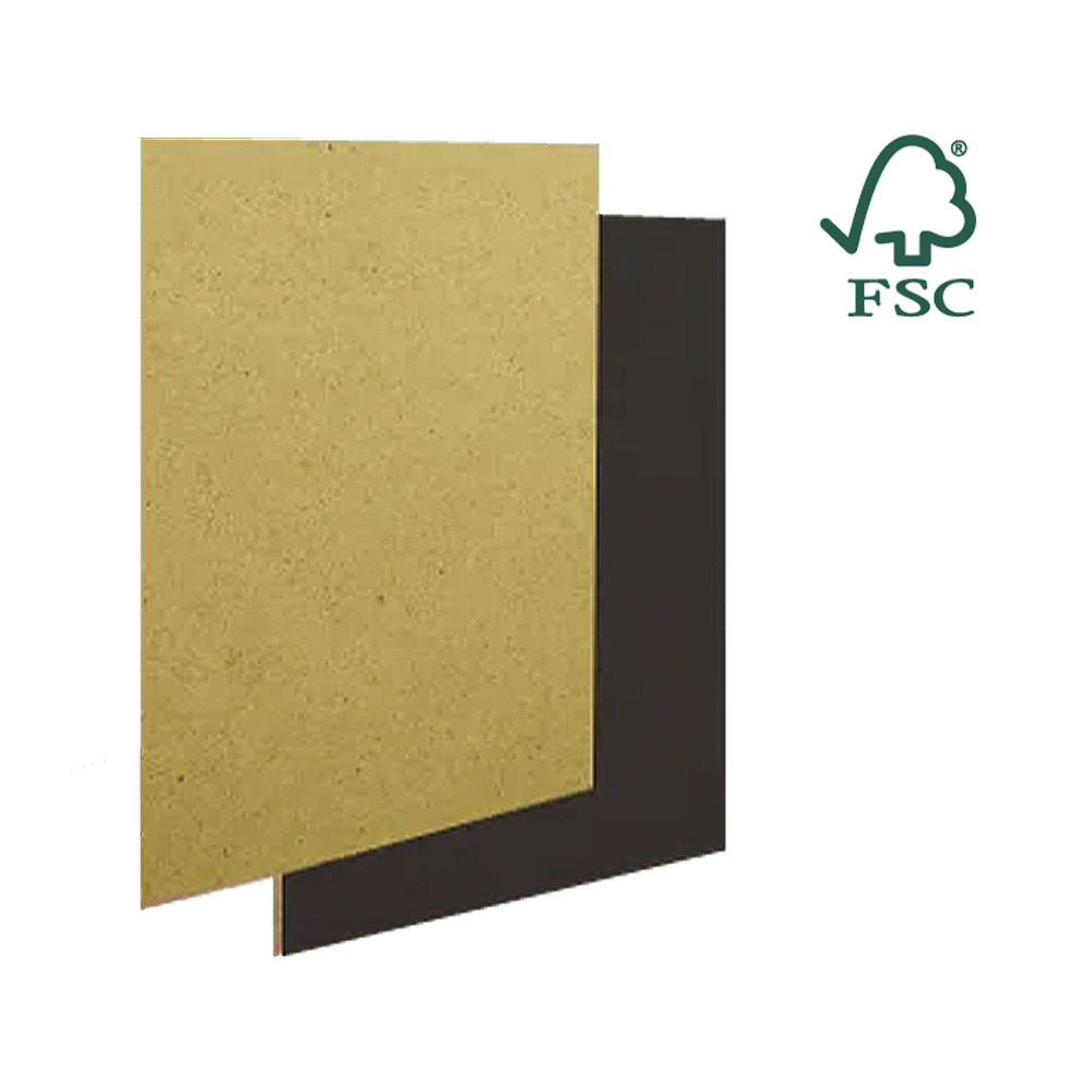Zwei FSC-zertifizierte MDF-Platten in Natur und Schwarz übereinandergelegt