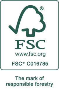 Grünes FSC-Logo für verantwortungsvolle Waldwirtschaft mit Zertifizierungsnummer