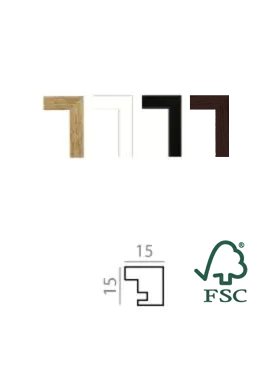 Picture frame profile options in oak, white, black, and dark wood finishes with dimensions and FSC logo